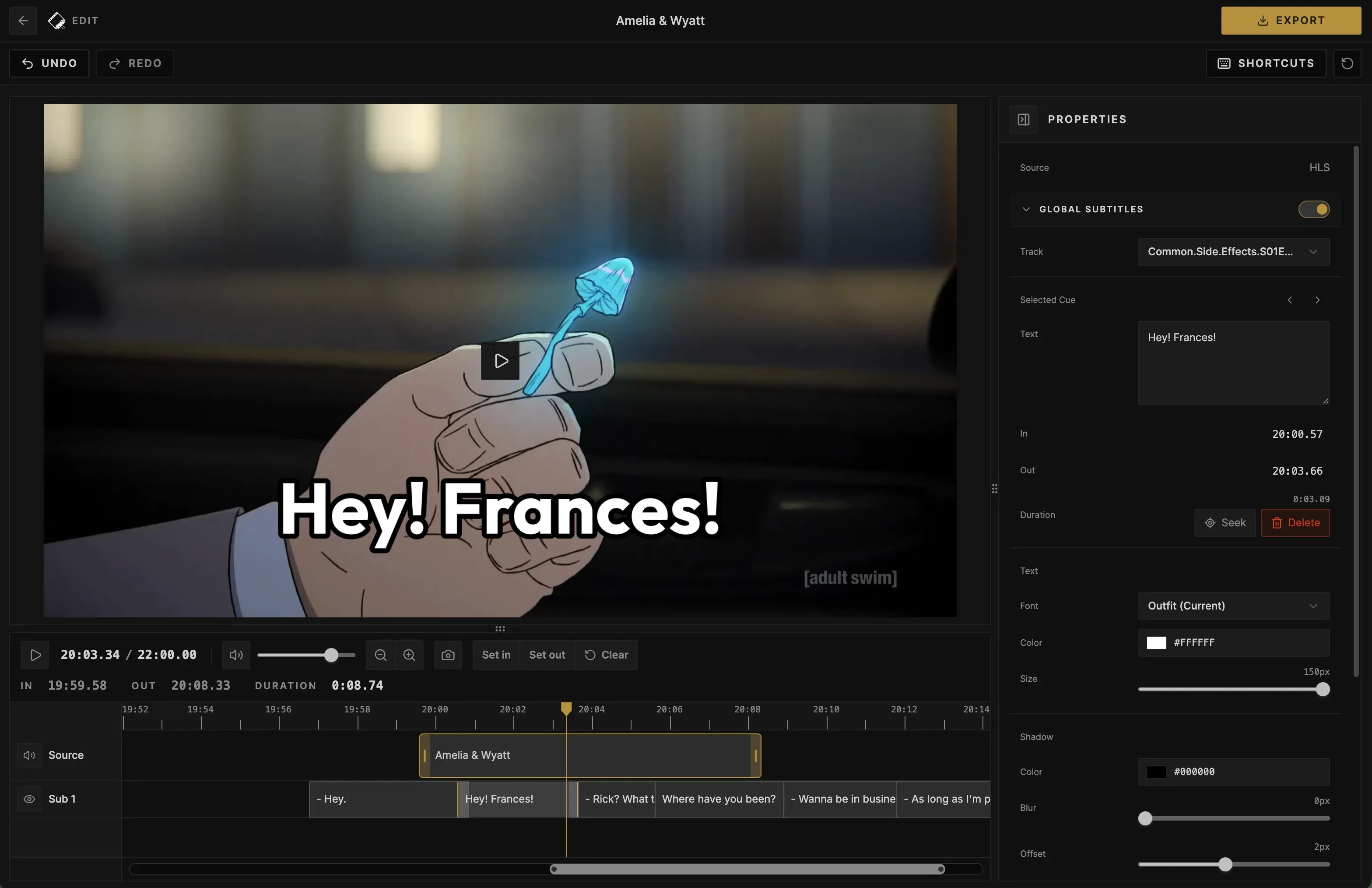 Cliparr subtitle editing interface showing subtitle timing and content controls.